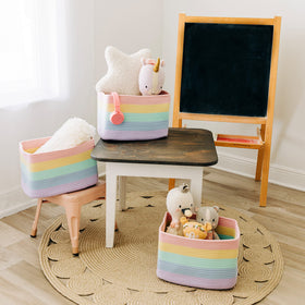 OrganiHaus pastel rainbow baskets in a nursery setting add cheerful color