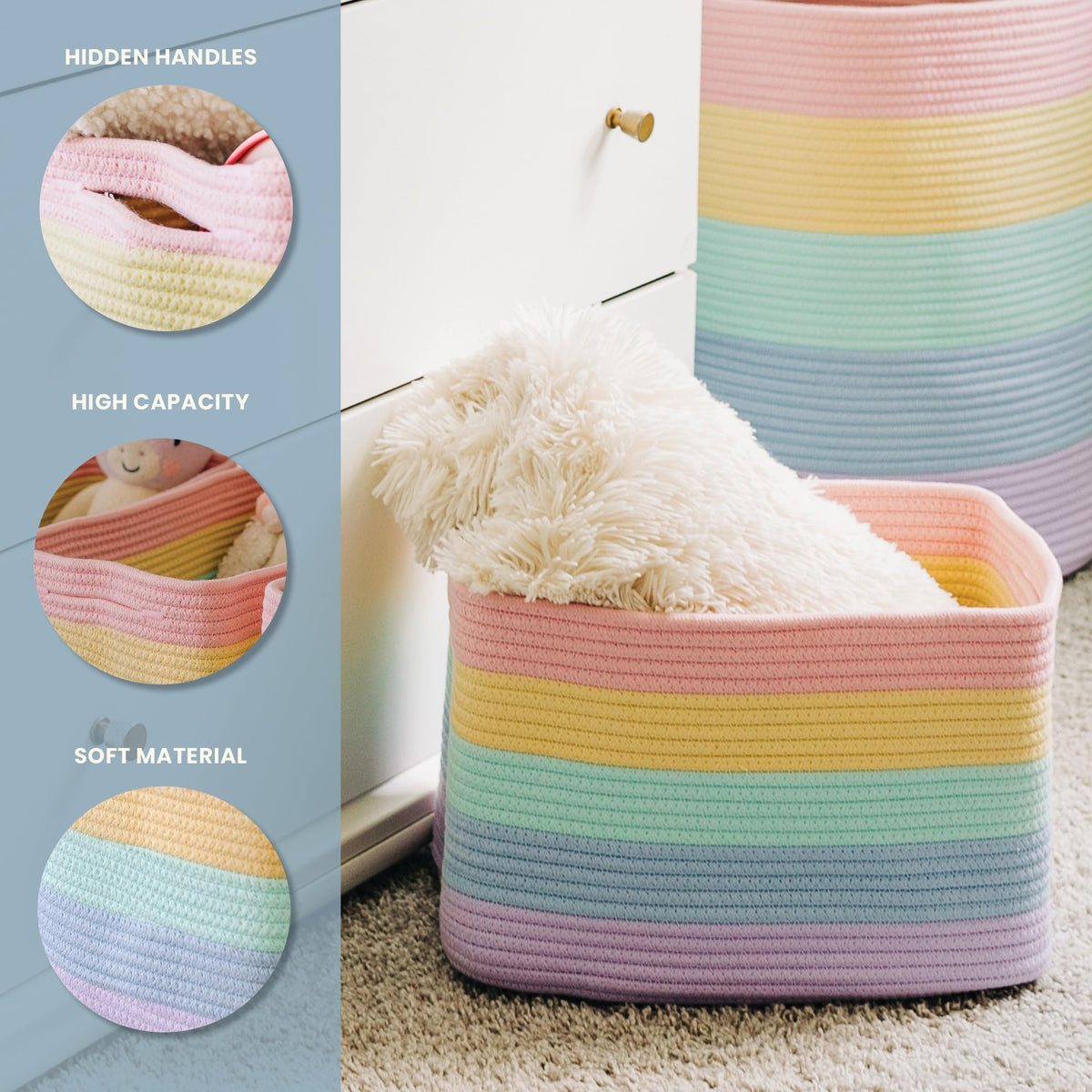 OrganiHaus pastel rainbow baskets on a shelf keeping books neatly accessible