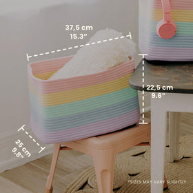 OrganiHaus pastel rainbow baskets opened and filled for colorful toy organization