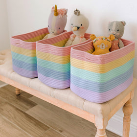 OrganiHaus pastel rainbow baskets with toys organized for quick cleanups
