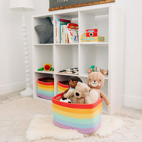 OrganiHaus Rainbow baskets in a classroom help organize supplies and art