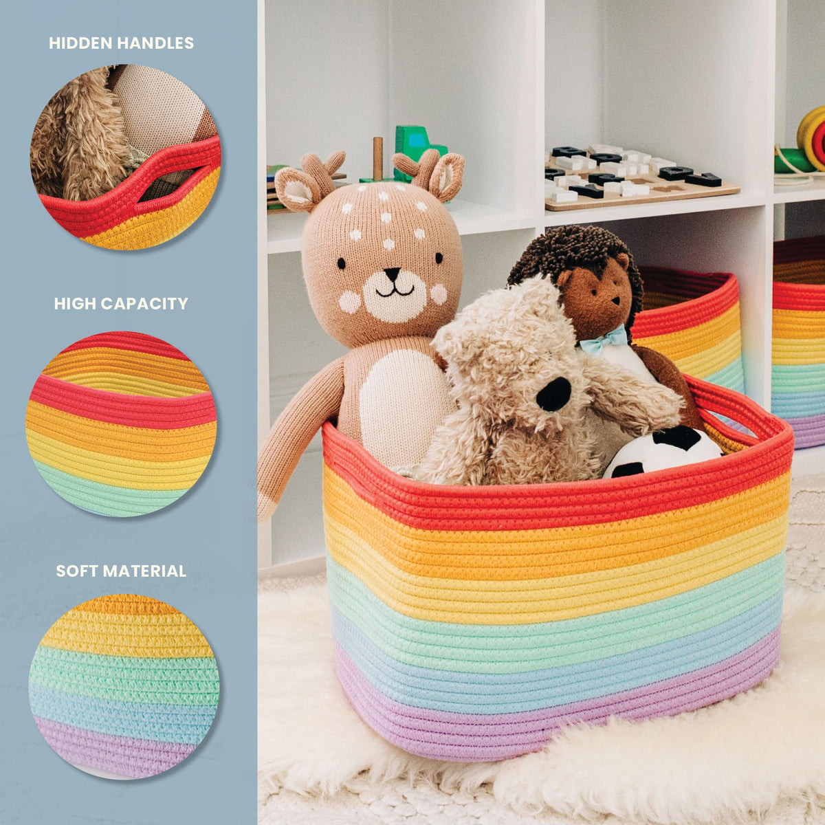 OrganiHaus Rainbow baskets filled with toys and books for colorful organization