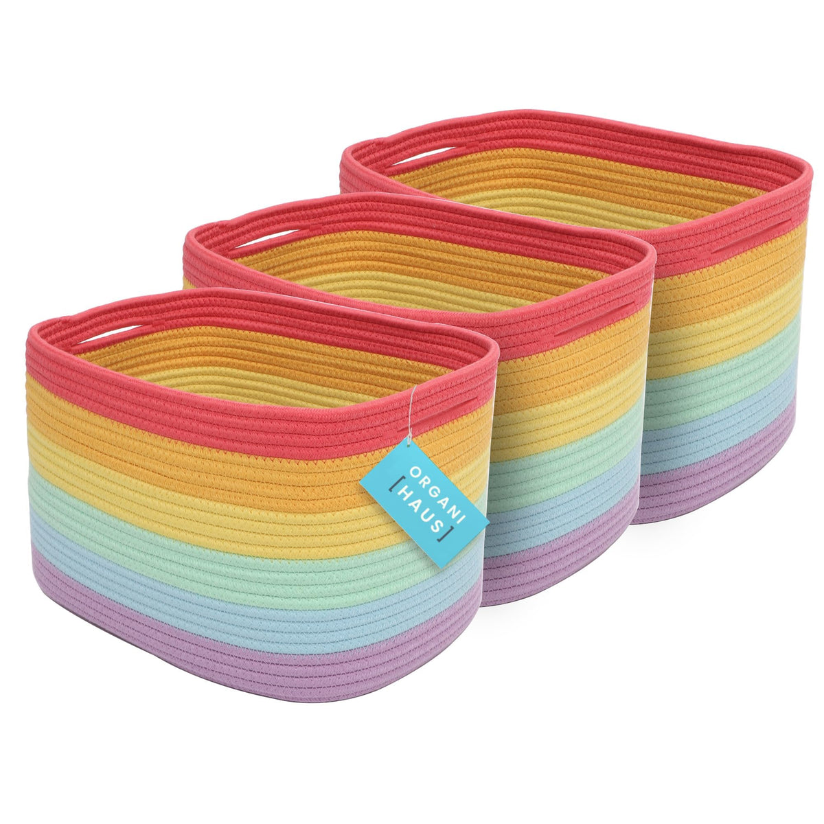 OrganiHaus Rainbow cotton rope baskets on a shelf for tidy toy storage