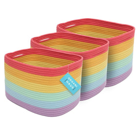OrganiHaus Rainbow cotton rope baskets on a shelf for tidy toy storage