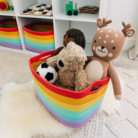 OrganiHaus Rainbow baskets in a playroom aid quick cleanup and learning