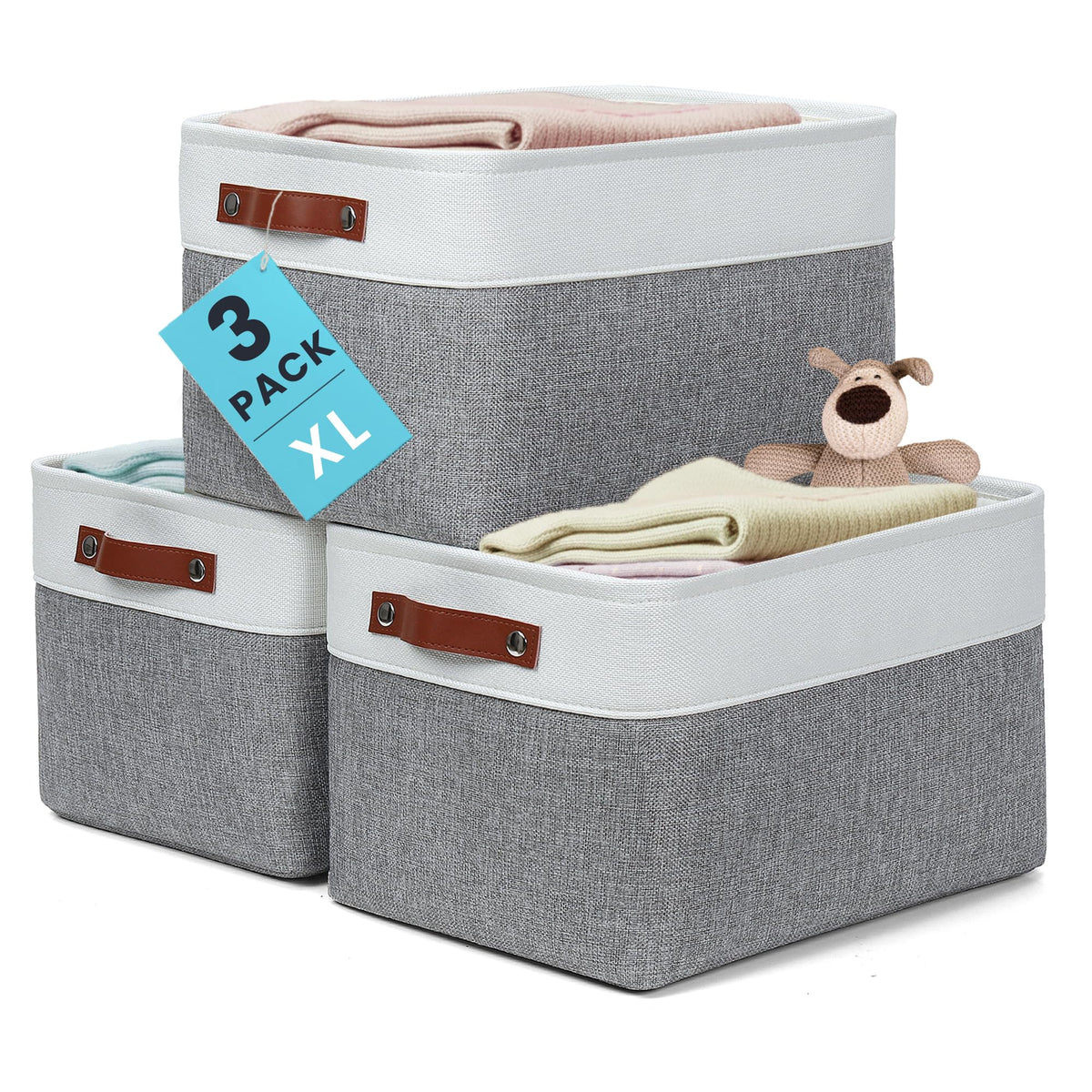 OrganiHaus 16x12.5in canvas storage baskets neatly organize linens on a shelf.