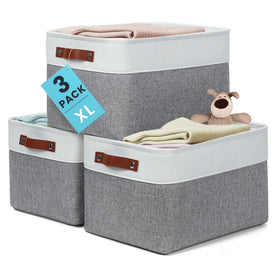 OrganiHaus 16x12.5in canvas storage baskets neatly organize linens on a shelf.