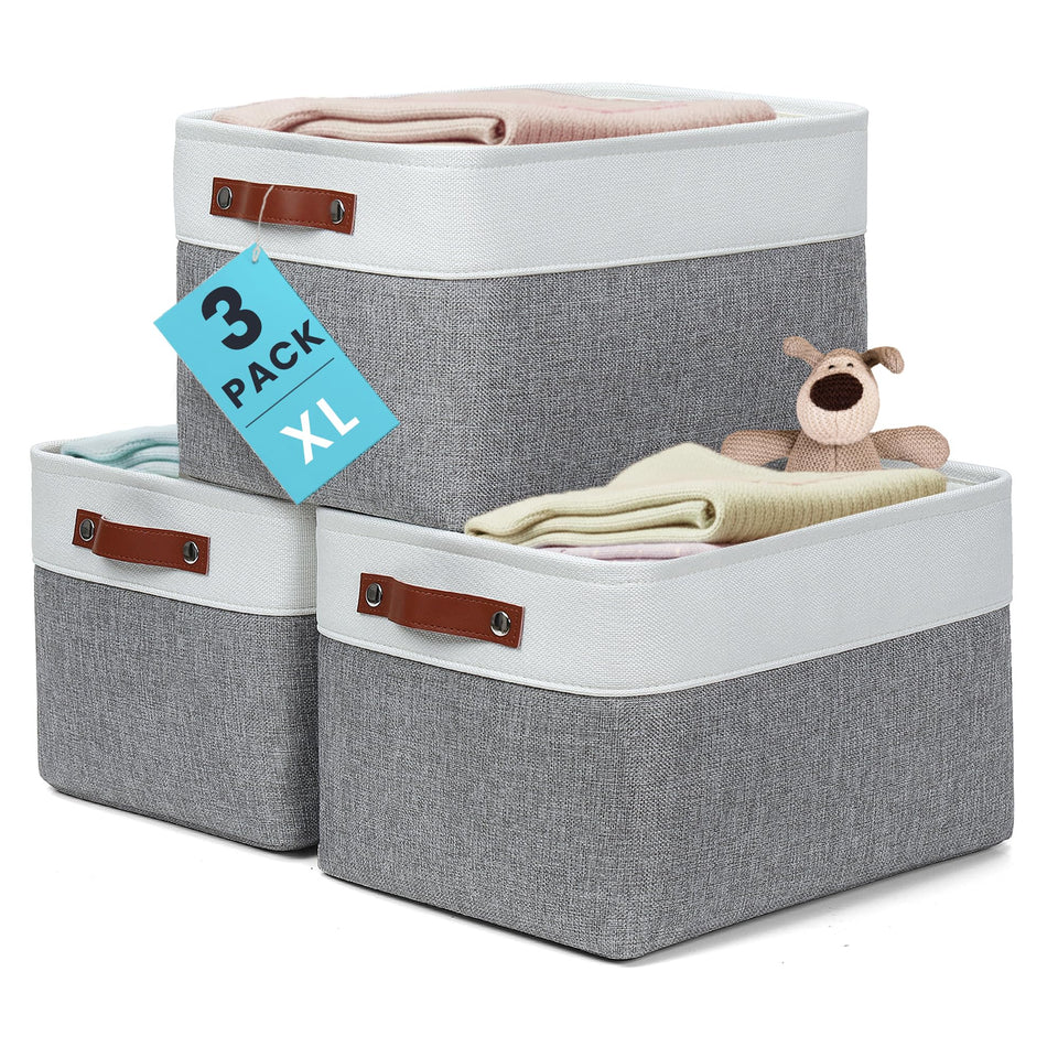 OrganiHaus 16x12.5in canvas storage baskets neatly organize linens on a shelf.