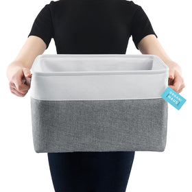 OrganiHaus gray off-white fabric bin blends with closet decor.