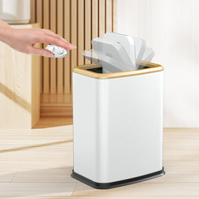 organizelink 2.1 gal slim trash bin with swing lid in white for tight spaces