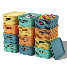 ORGIDOL 12-pack colorful storage baskets with lids on shelves for quick access