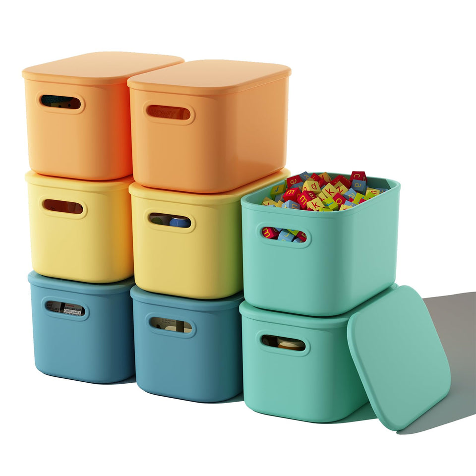 ORGIDOL 8-pack colorful storage bins with lids on shelves.