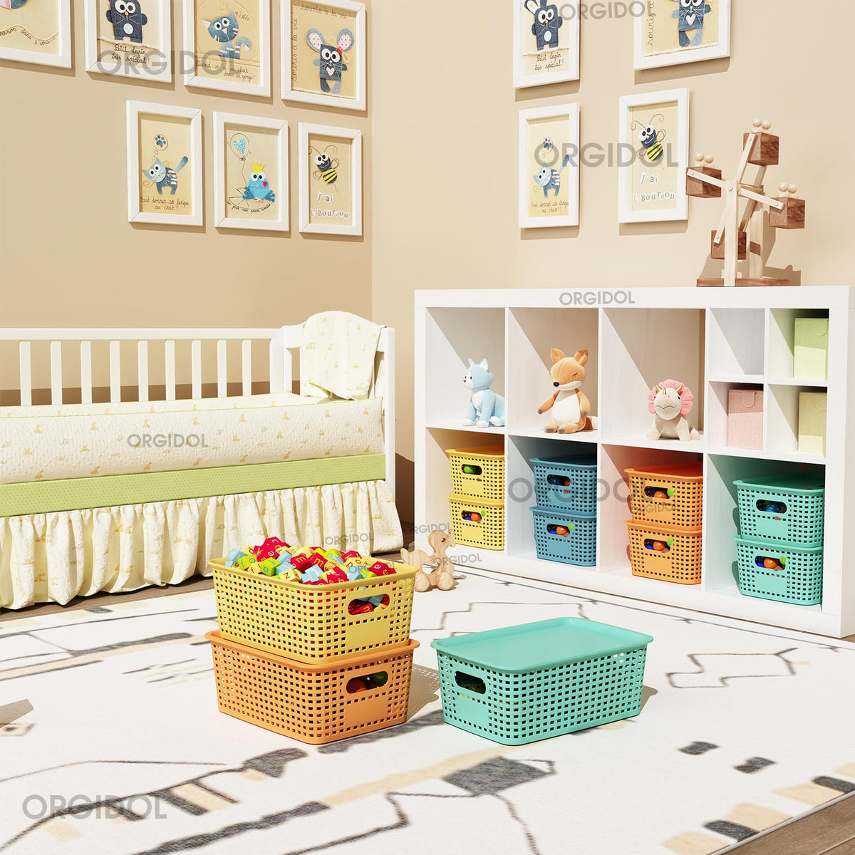 ORGIDOL basket in playroom stacking neatly to store toys and art supplies