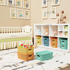 ORGIDOL basket in playroom stacking neatly to store toys and art supplies