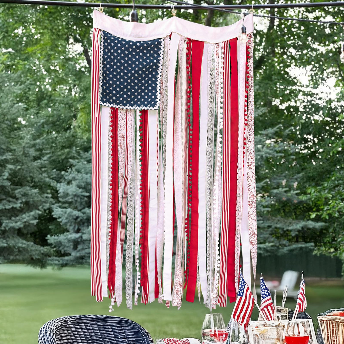 ORIENTAL CHERRY rag flag banner front view offers rustic patriotic appeal for walls.