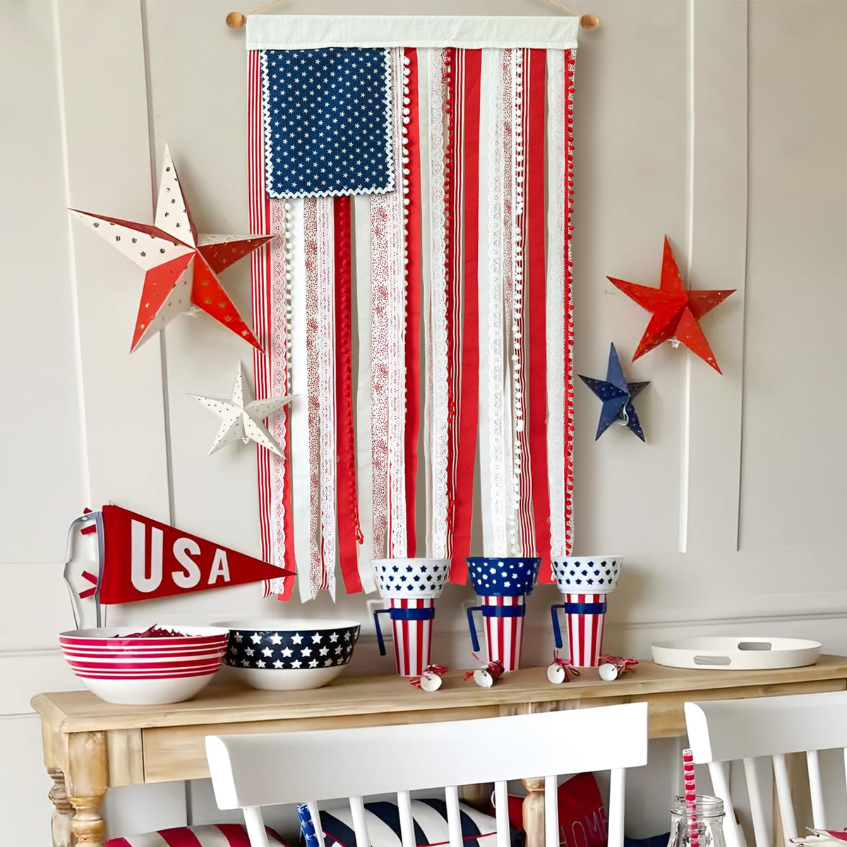 ORIENTAL CHERRY rag flag banner vintage fabric look enhances rustic decor.