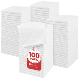 Orighty 100-pack microfiber washcloths in a flatlay, highlighting bulk value and softness.