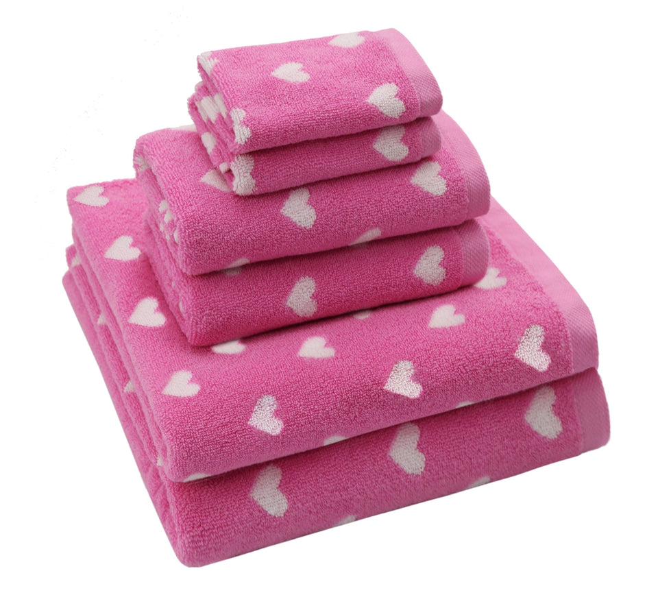 Original Kids heart towels pink and white set, soft and cozy for bath time.