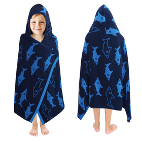 Original Kids Shark Attack hooded towel wrap in blue navy for soft, absorbent drying