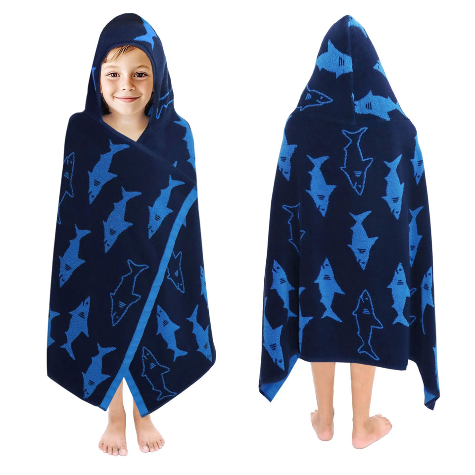 Original Kids Shark Attack hooded towel wrap in blue navy for soft, absorbent drying
