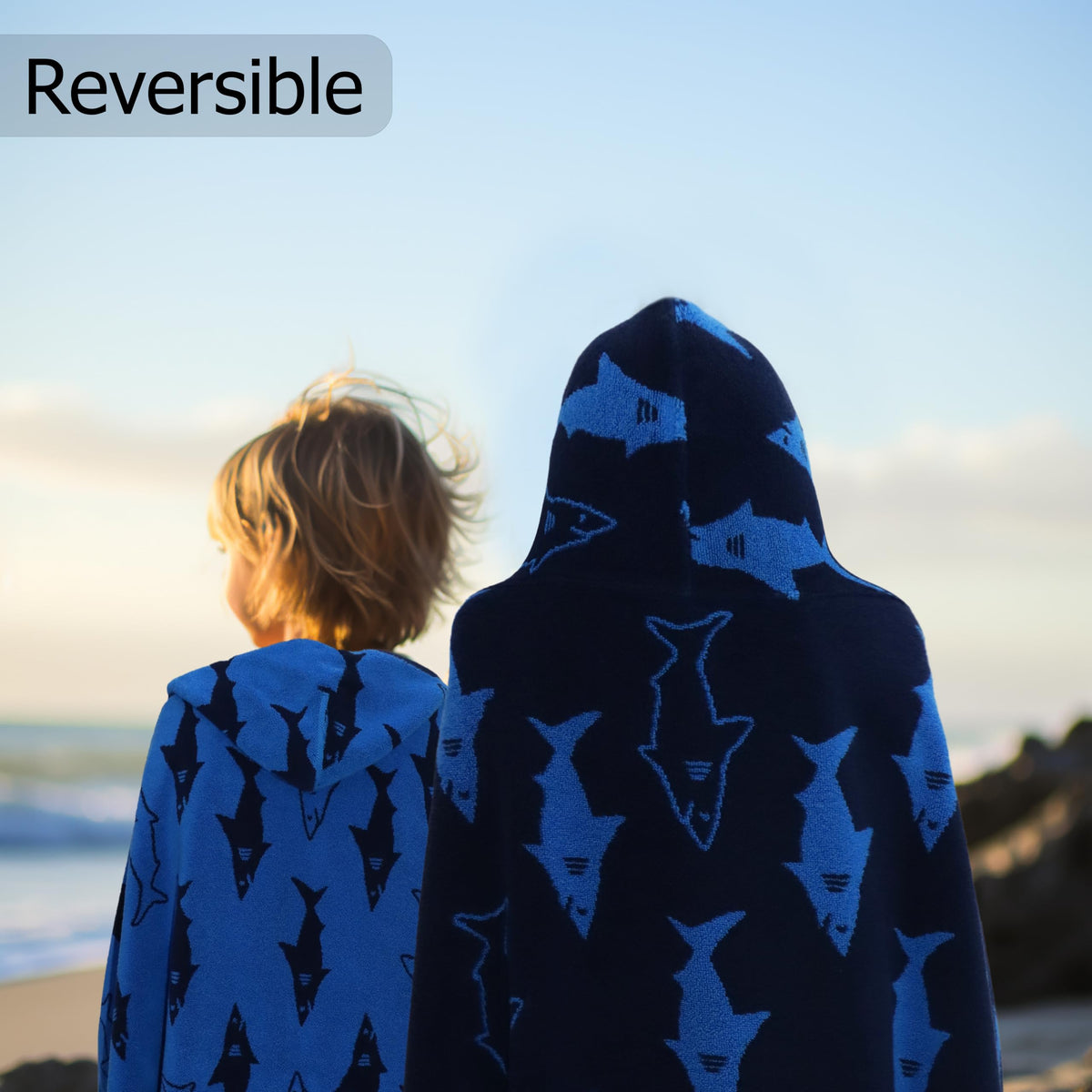 Original Kids Shark Attack hooded towel wrap front view with reversible design