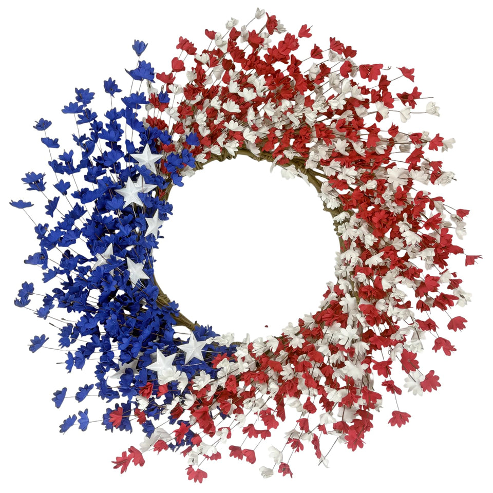 Orilium 22-inch patriotic wreath displayed on a front door for festive curb appeal