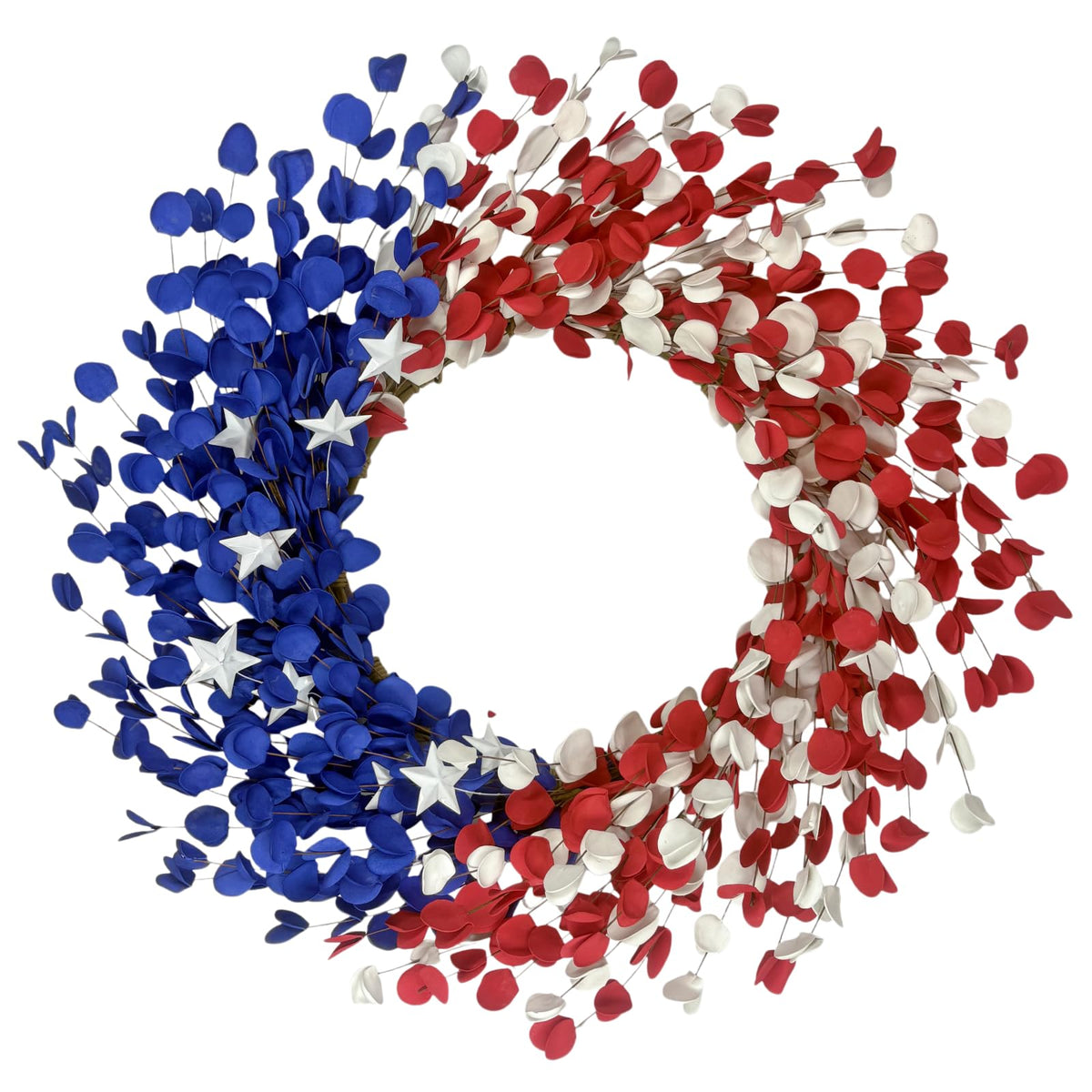 Orilium 22in patriotic wreath on front door with red, white, blue flowers for vibrant curb appeal.