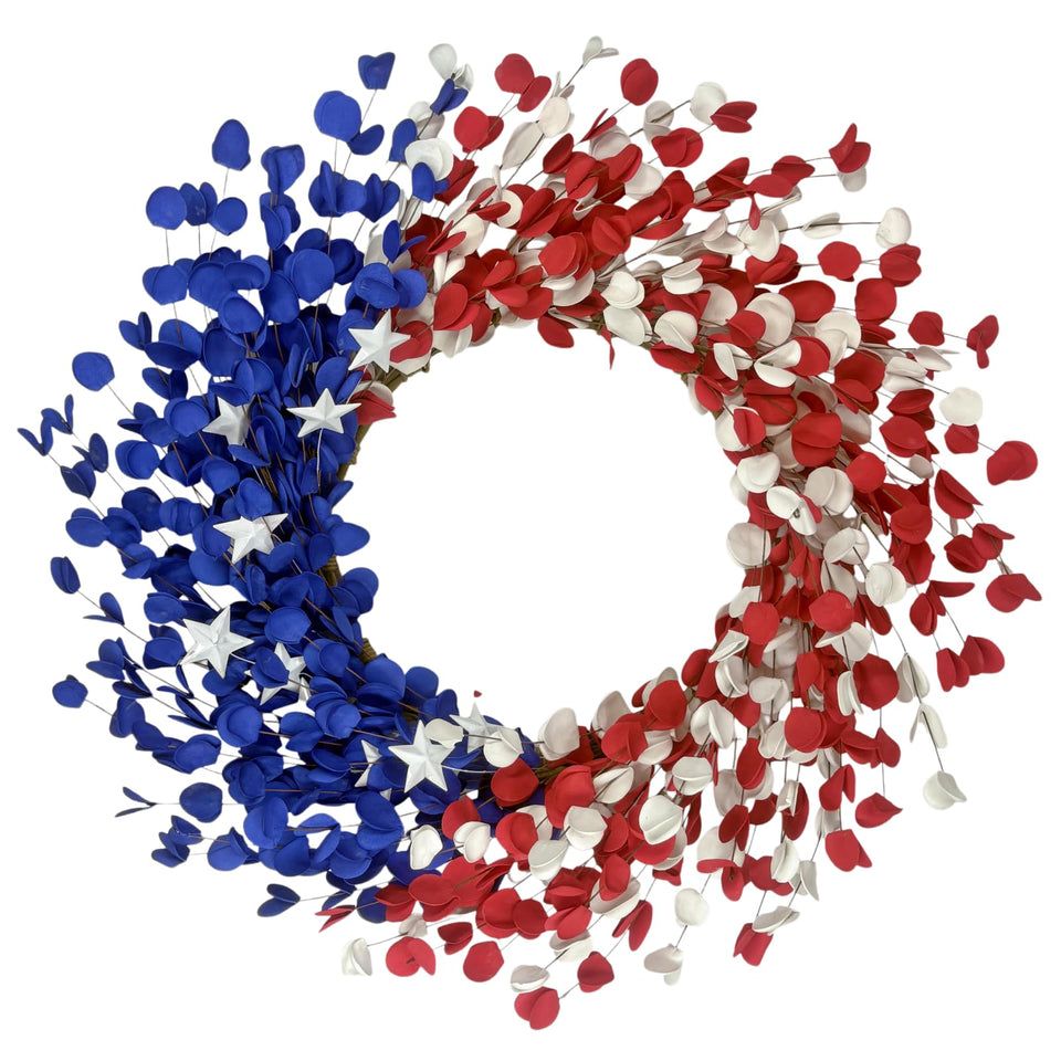 Orilium 22in patriotic wreath on front door with red, white, blue flowers for vibrant curb appeal.
