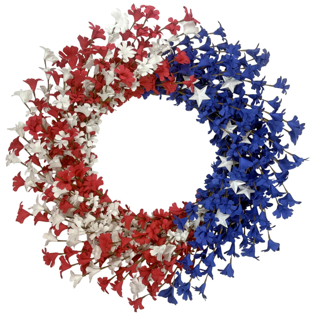 Orilium 22-inch patriotic wreath on a front door with red, white, and blue theme.