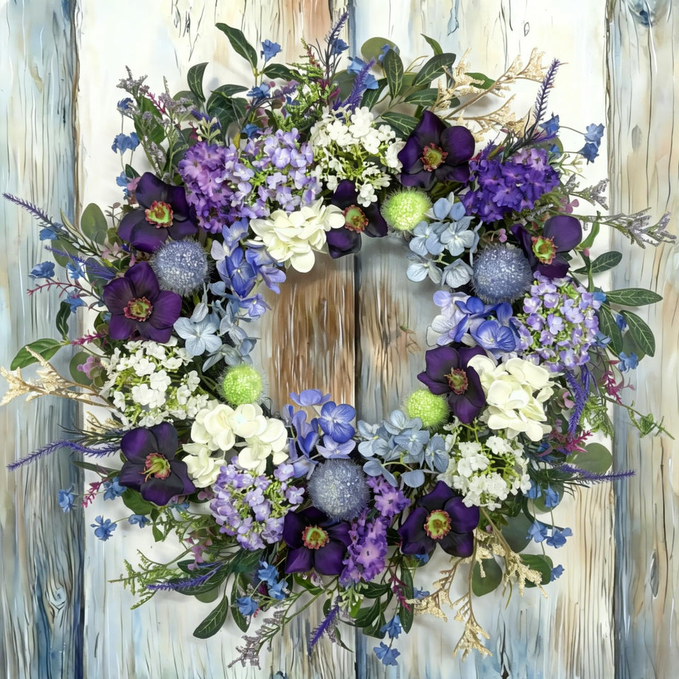 Orilium 24-inch wreath with lavender-hydrangea blooms for front-door appeal.
