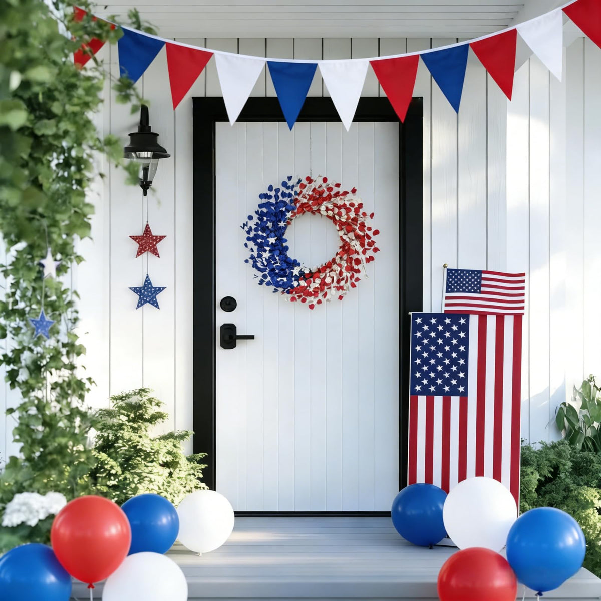 Orilium patriotic wreath on front door suitable for indoor or covered outdoor display.