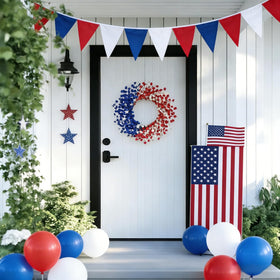 Orilium patriotic wreath on front door suitable for indoor or covered outdoor display.