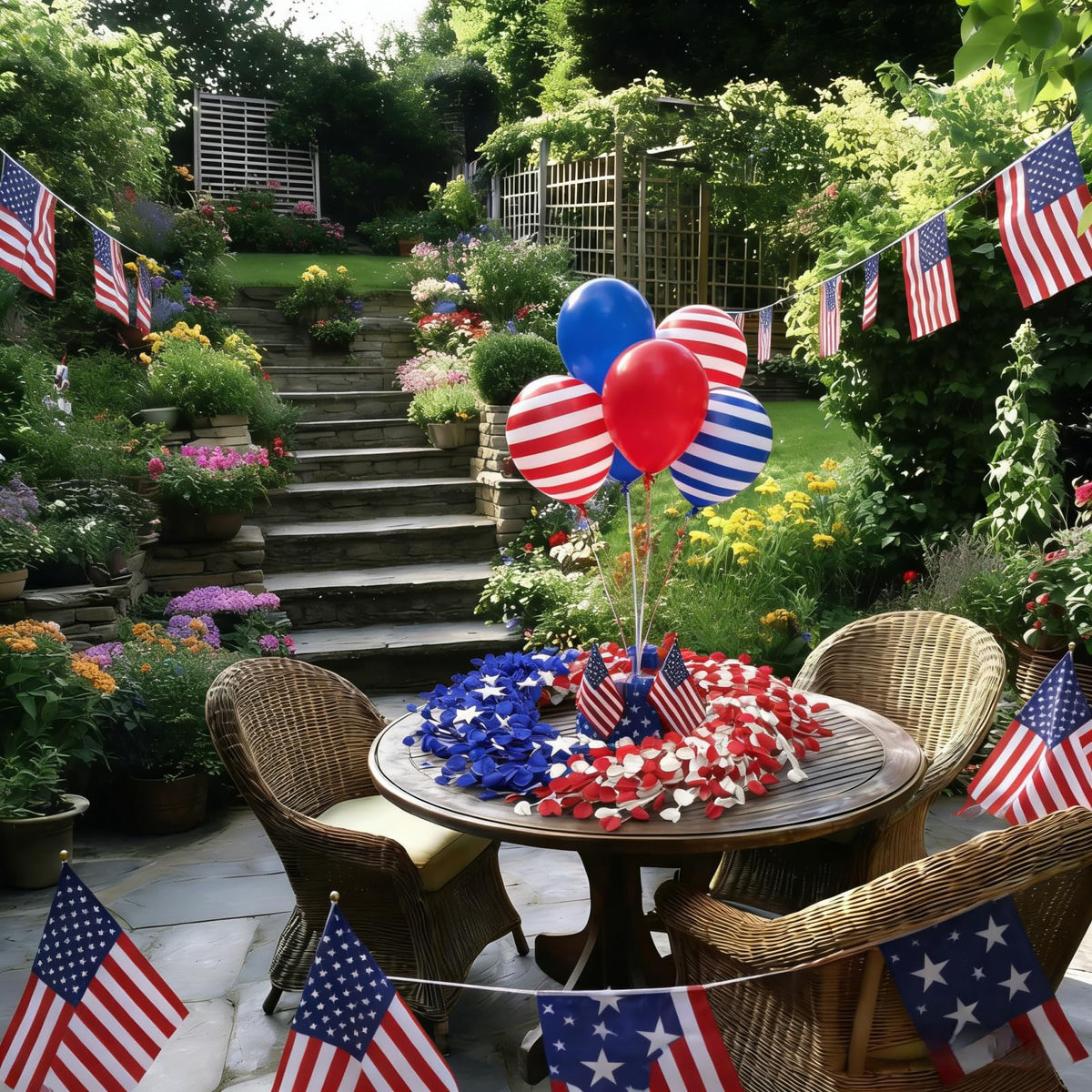 Orilium patriotic wreath highlights red, white, blue flowers and stars for bold holiday ambiance.