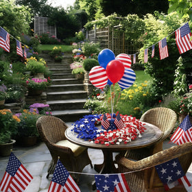 Orilium patriotic wreath highlights red, white, blue flowers and stars for bold holiday ambiance.