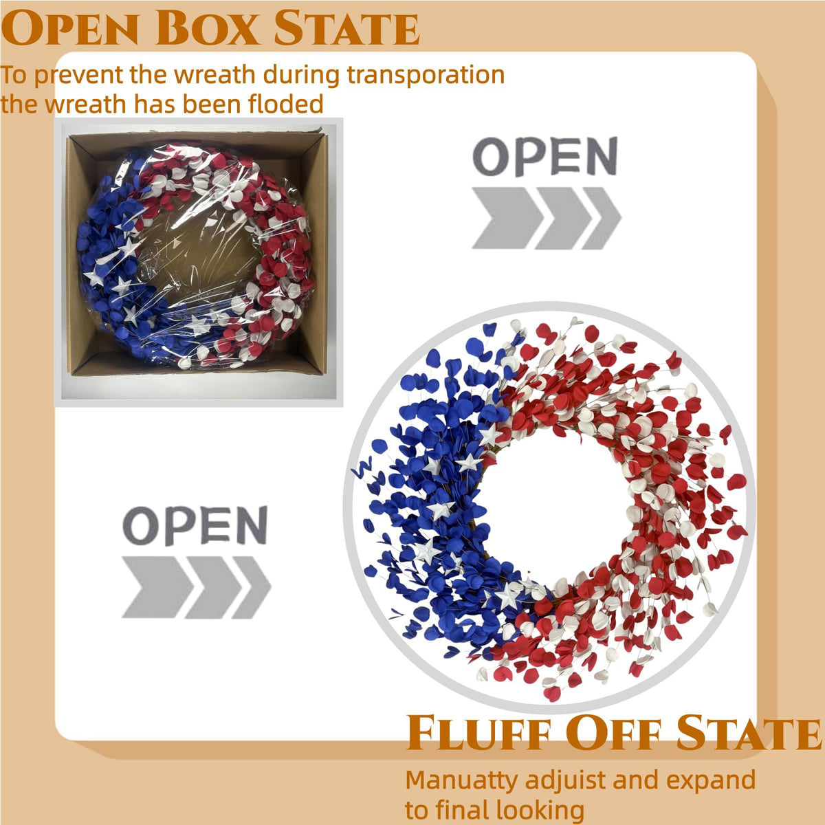 Orilium patriotic wreath enhances mantels, windows, and walls with festive charm.