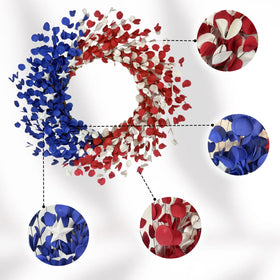 Orilium wreath close-up showcases vibrant patriotic arrangement for indoor or porch decor.