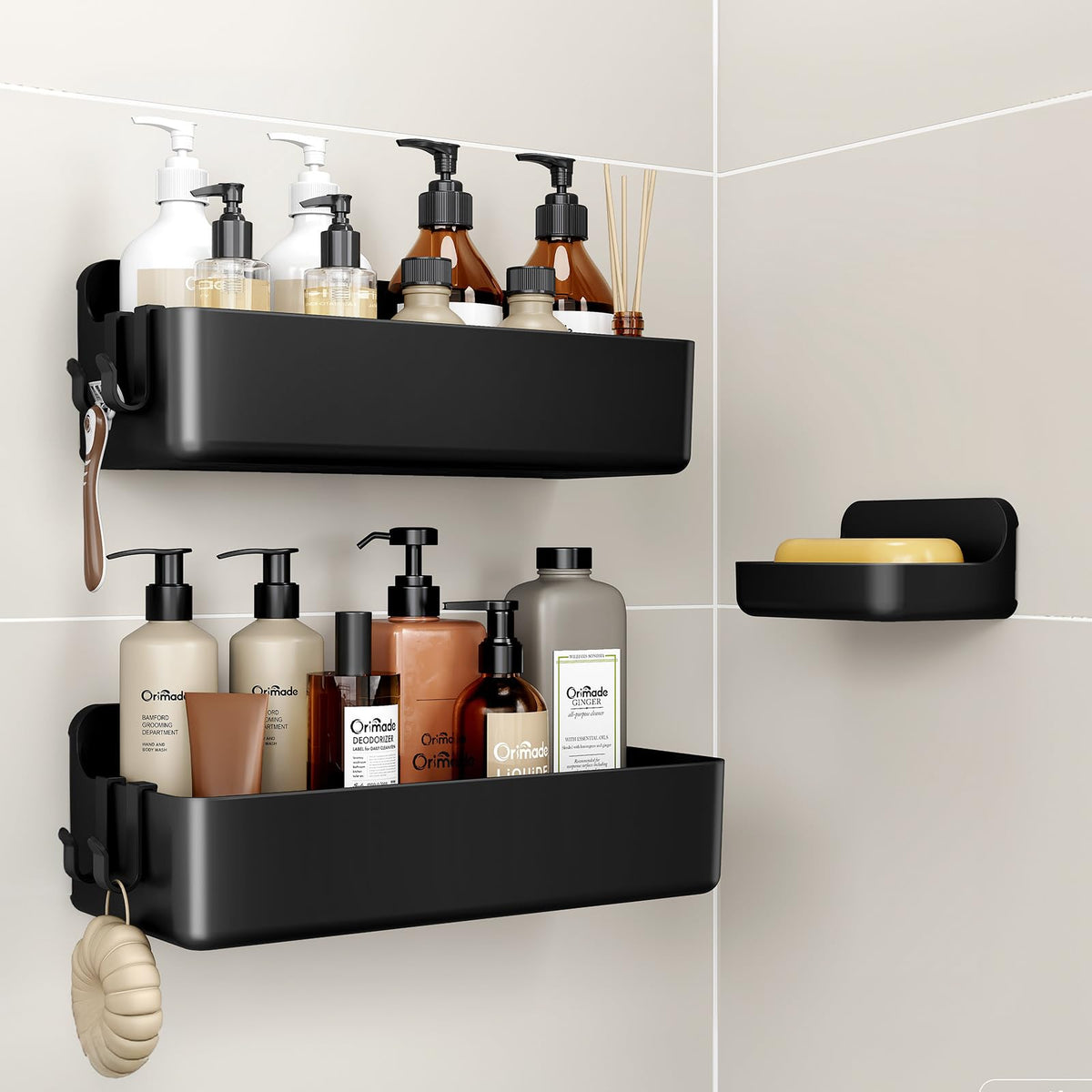 Orimade shower caddy with two large baskets for clutter-free bathroom storage.