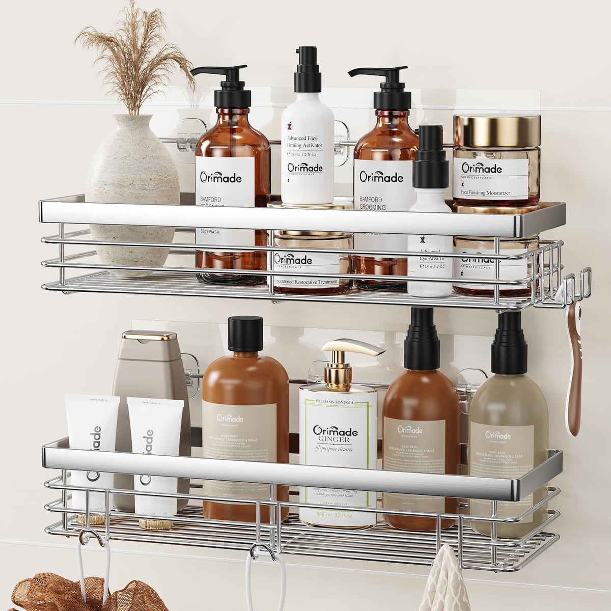 Orimade shower caddy 2-pack in wall-mount design for clutter-free bathrooms.