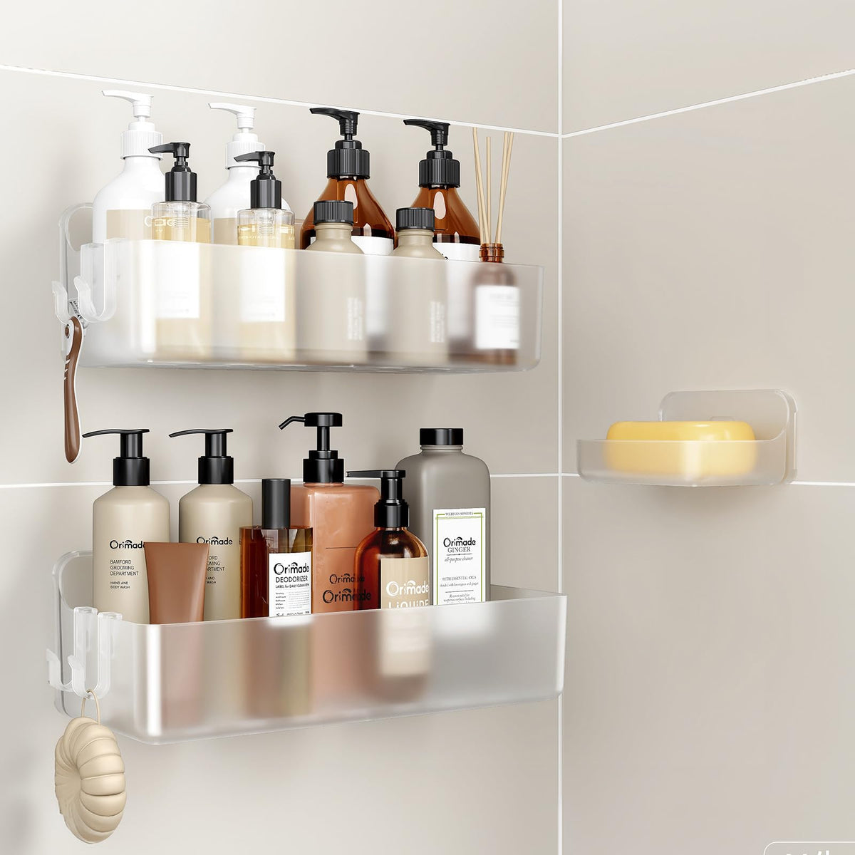 Orimade shower caddy 3-pack on wall with two large caddies for tidy shower storage