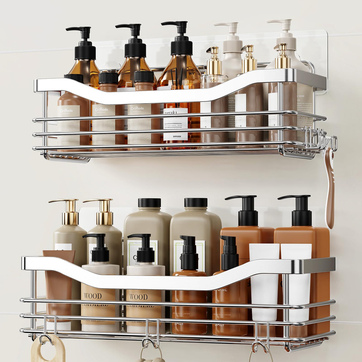 Orimade shower caddy with five hooks and adhesive for easy wall mounting