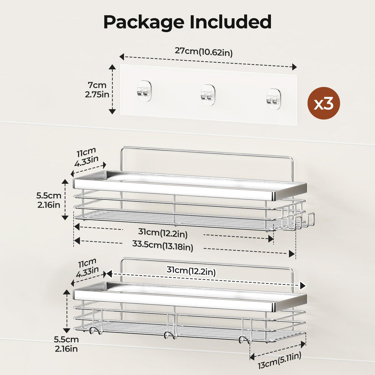 Orimade shower caddy front hooks for sponges and towels, neatly organized.