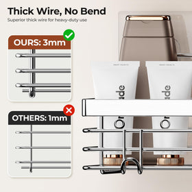 Orimade shower caddy with side hooks keeps razors and washcloths within reach.