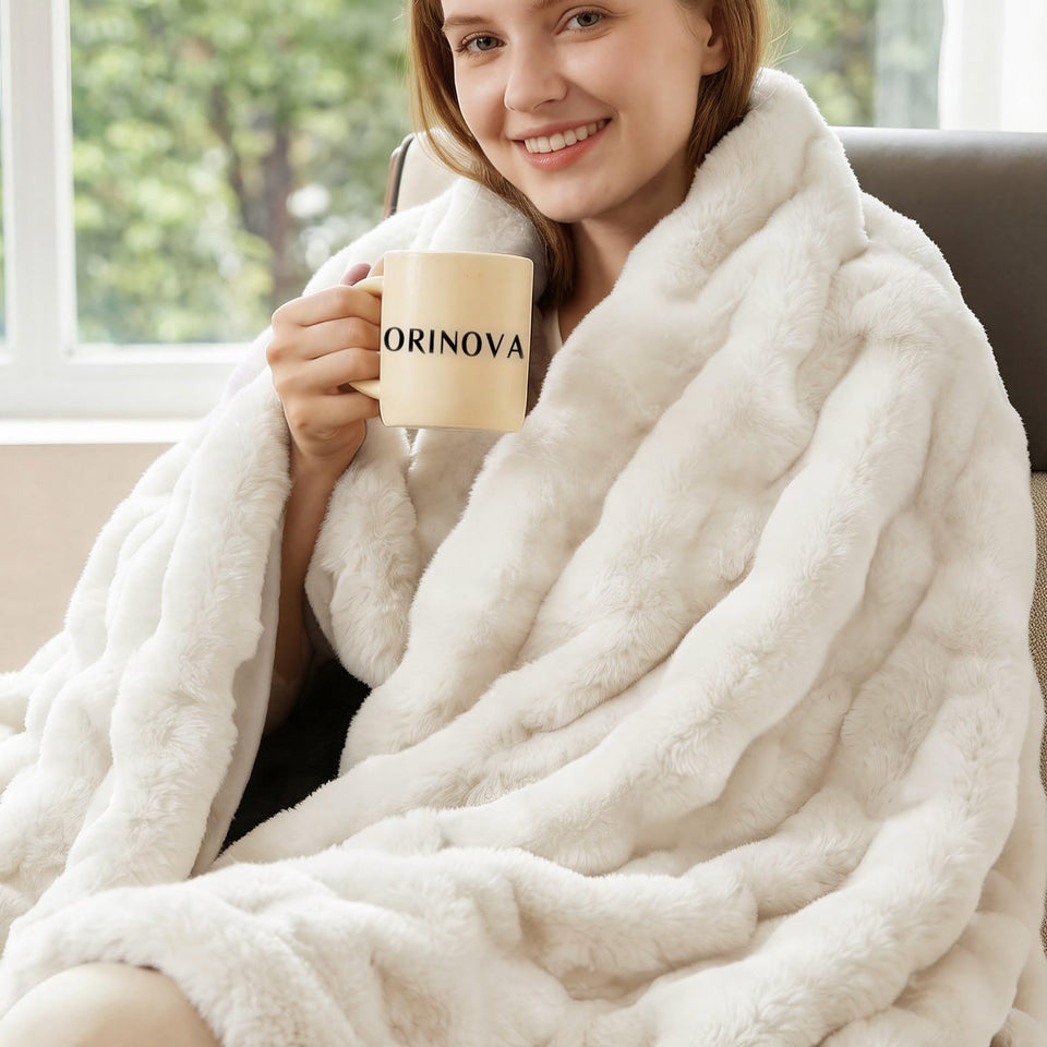 ORINOVA light beige cozy faux fur throw blanket, 50x60, soft and inviting for living rooms