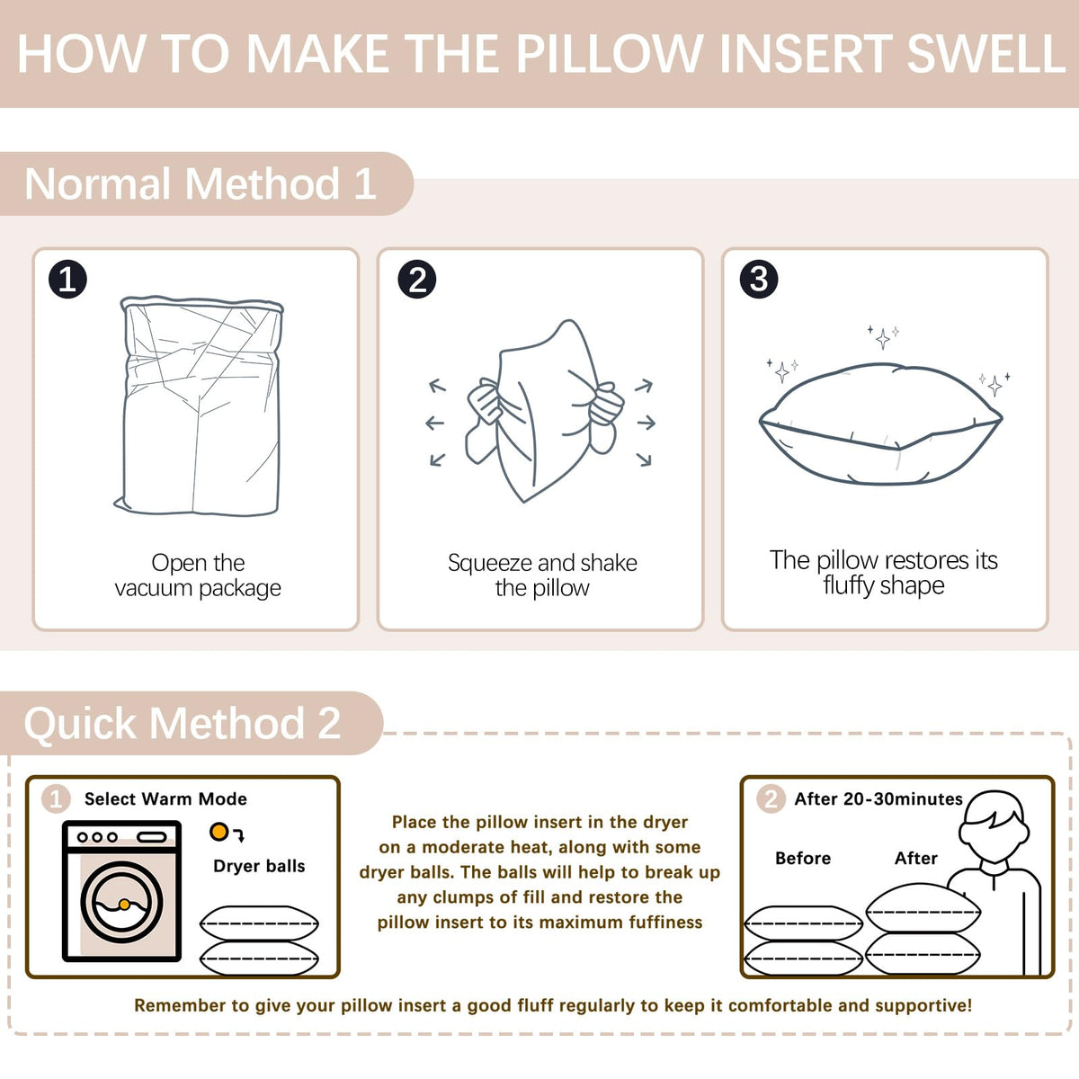 ORJ pillow insert unpacked with fluff demonstrates quick loft recovery.