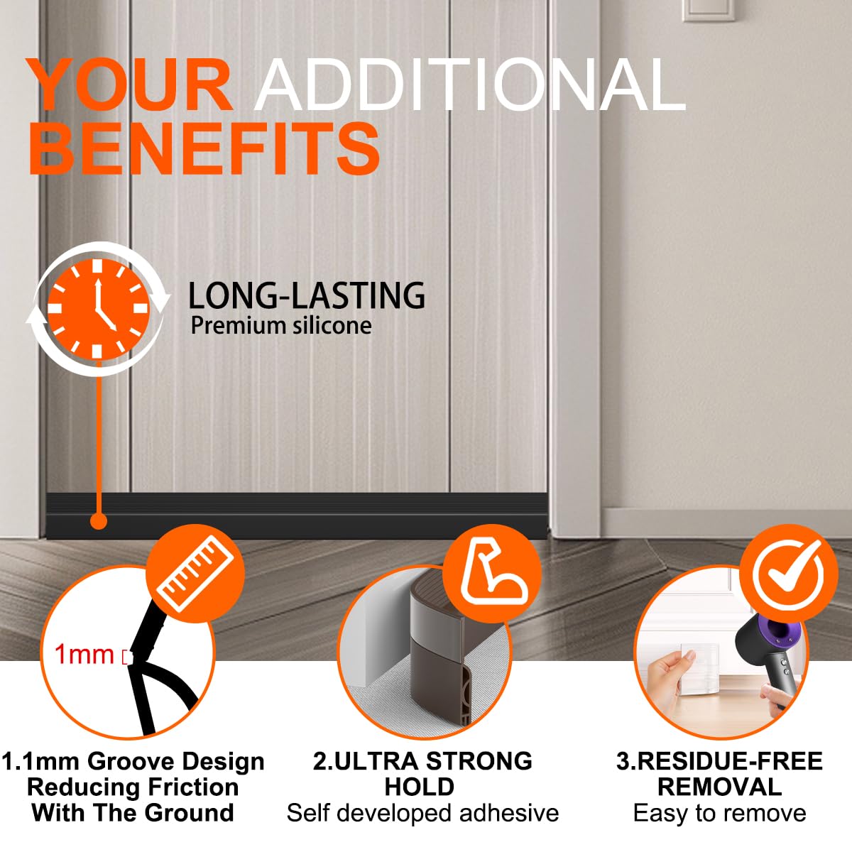 Ormein adhesive-backed bottom seal sticks firmly on multiple door types.