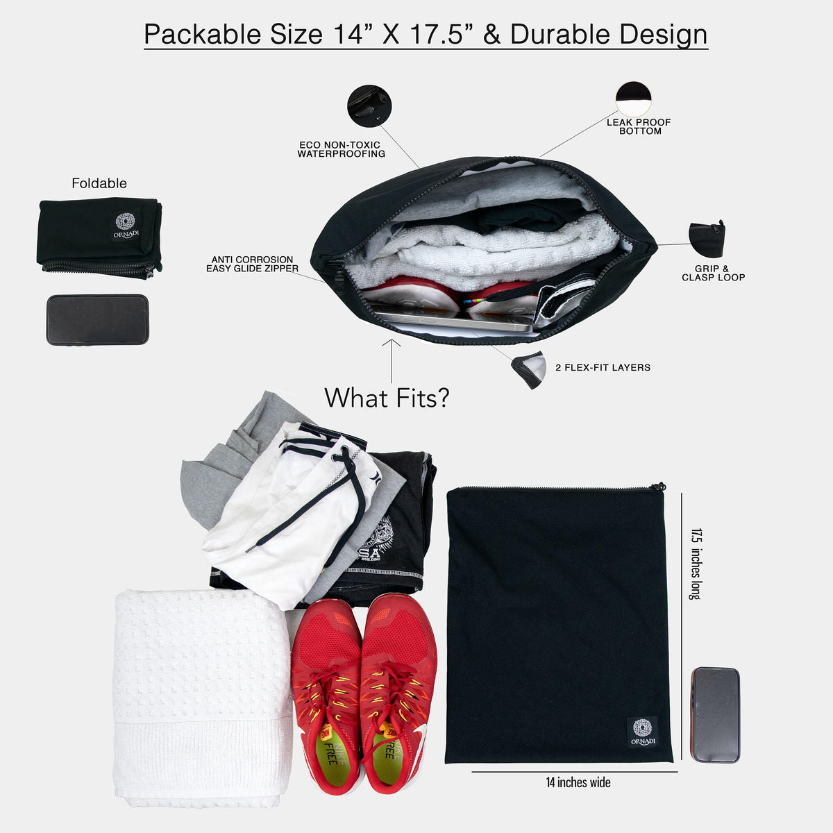 Ornadi machine washable bag simplifies hygienic cleaning after workouts.