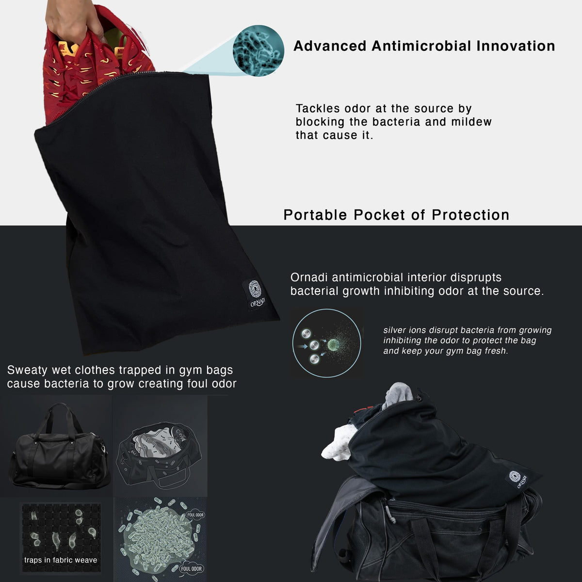 Ornadi waterproof fabric protects gym bags and car interiors from damp laundry.