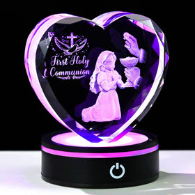 Ornalrist 3D crystal heart with praying girl for elegant sacred decor.