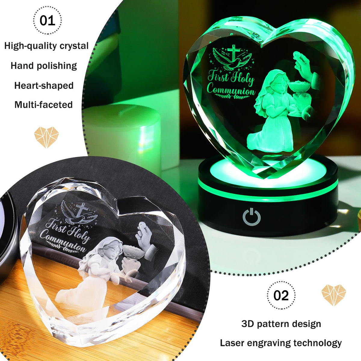 Ornalrist 3D laser-engraved communion girl inside crystal for keepsake display.