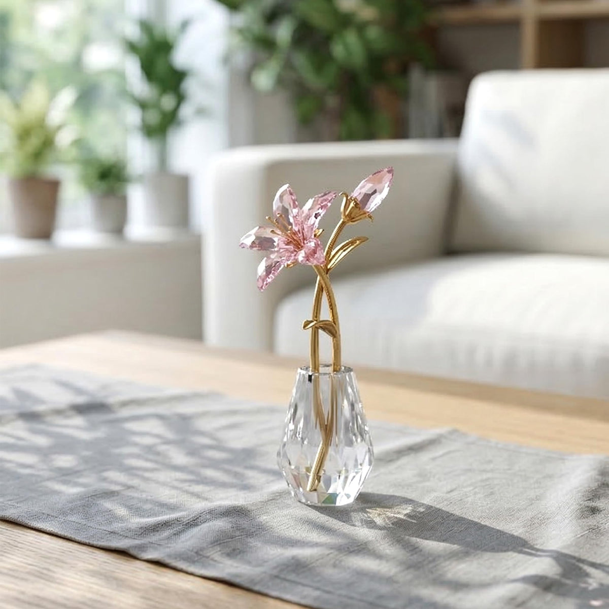 Ornalrist crystal tiger lily in clear vase highlighting rainbow refractions